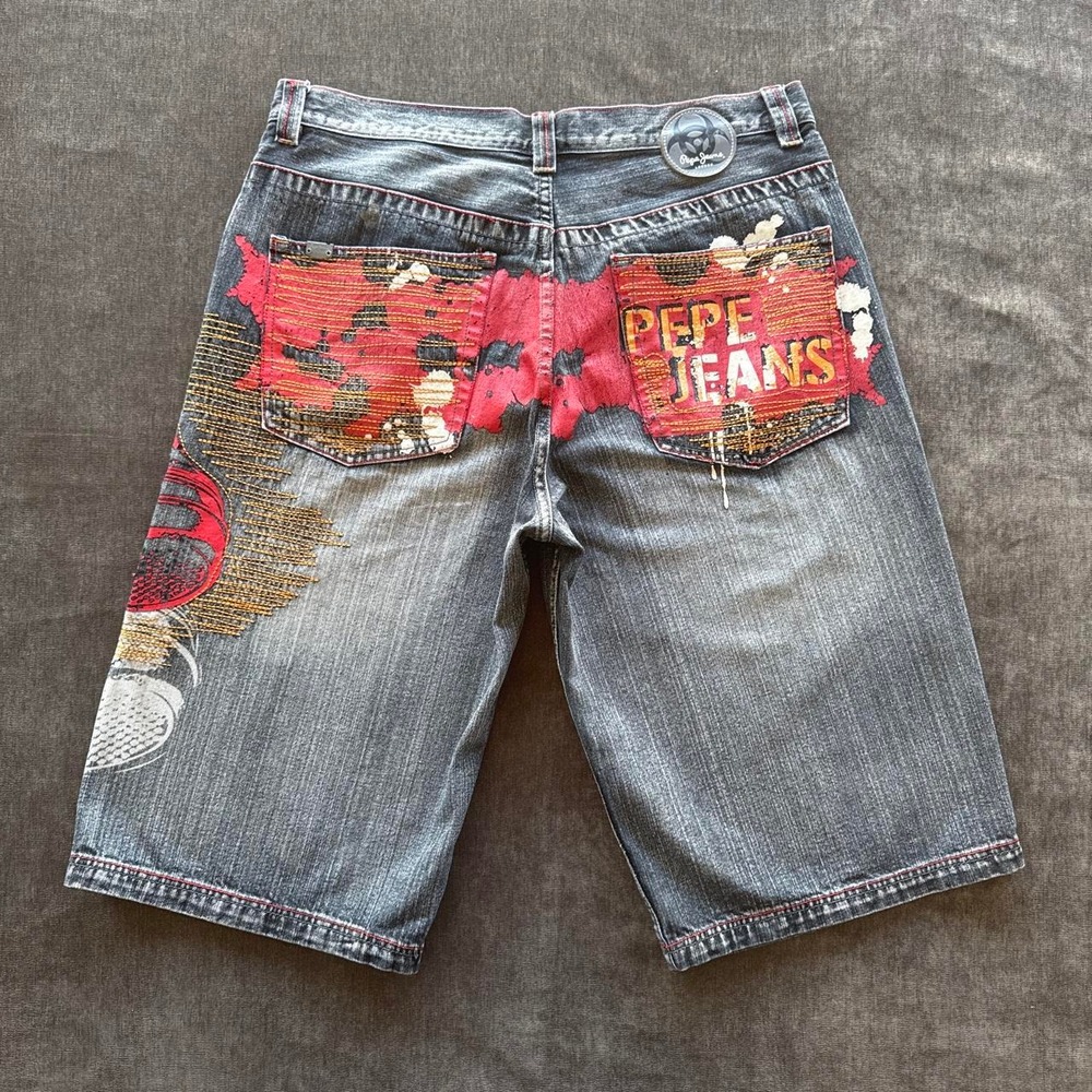 Pepe Jeans Vintage Y2K Baggy Denim Shorts Graphic Streetwear Men 38 Blue Red